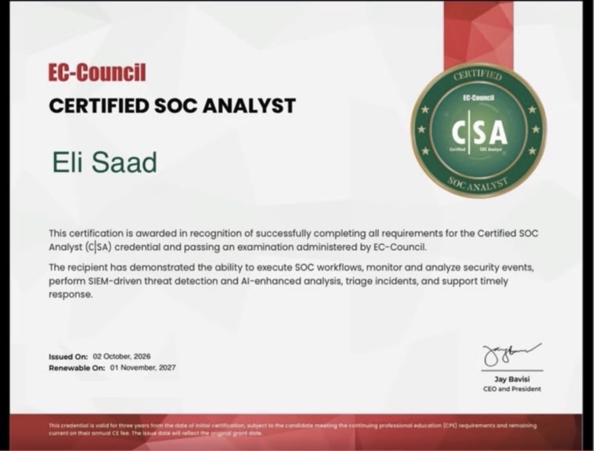 Certified SOC Analyst (C|SA) certificate awarded to Eli Saad by EC-Council